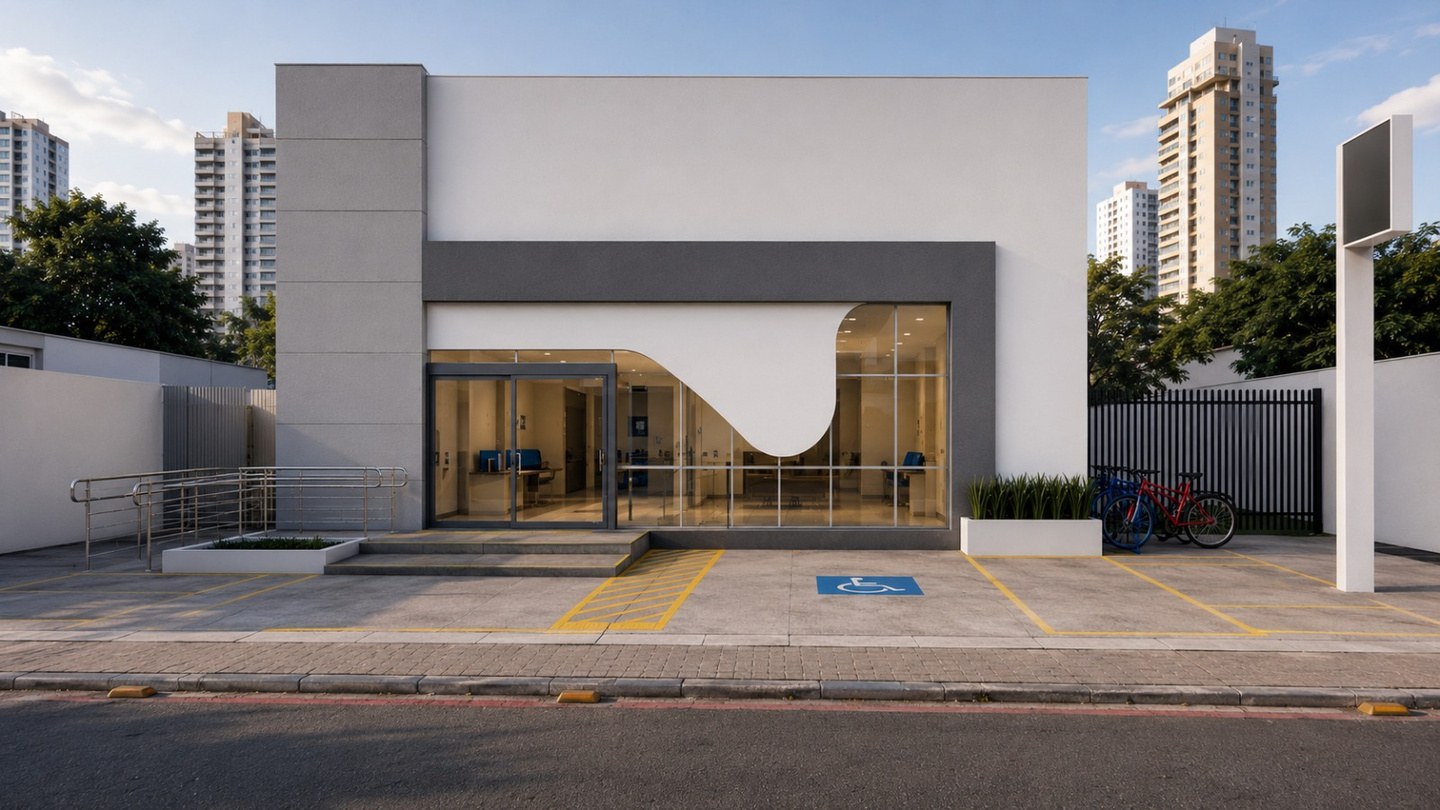Fachada de agência projetada pela FEGO, render do projeto de arquitetura